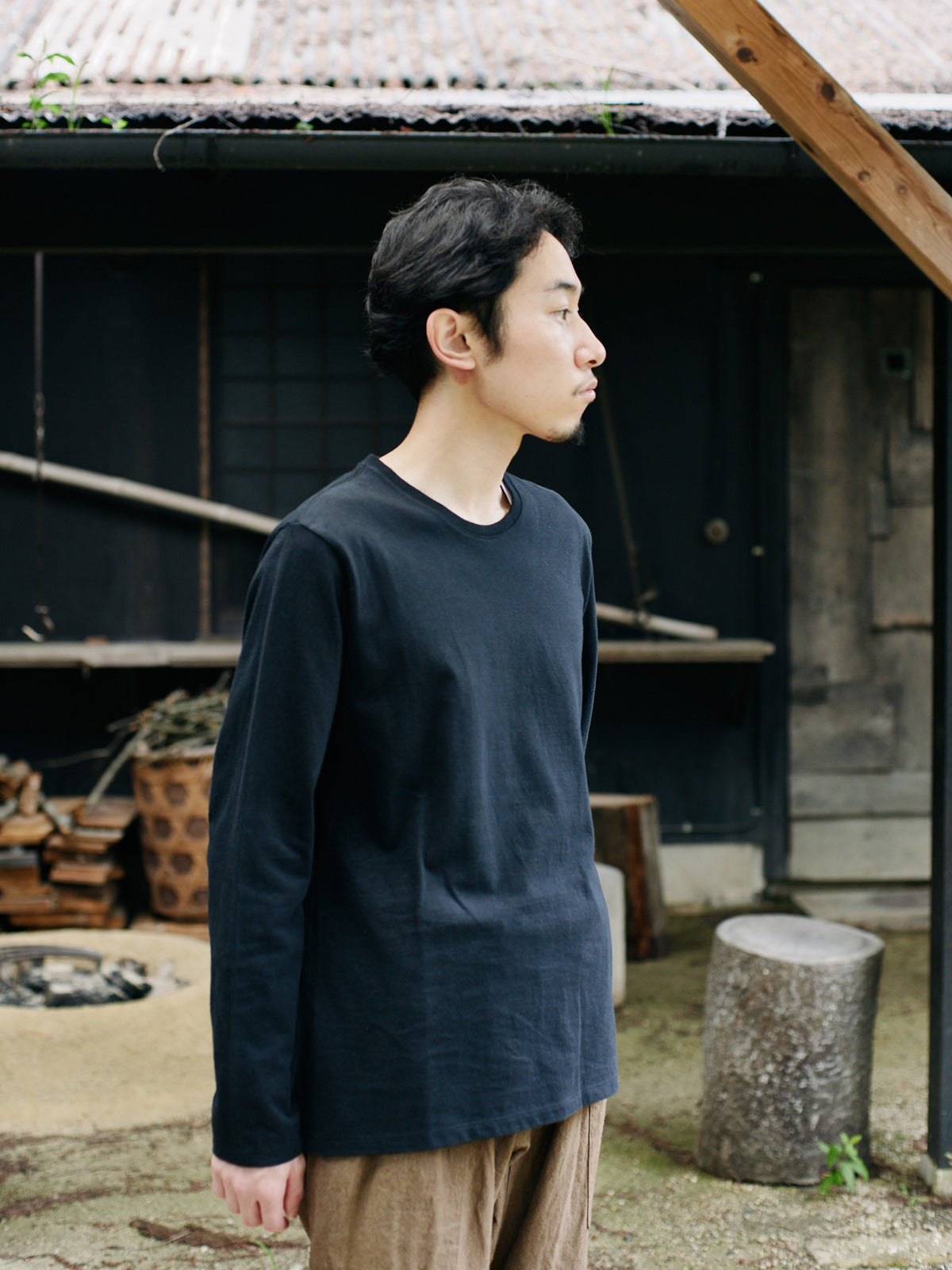 Organic handloomコットンTシャツ 長袖 黒