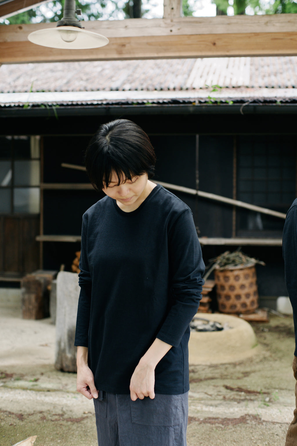Organic handloomコットンTシャツ 長袖 黒