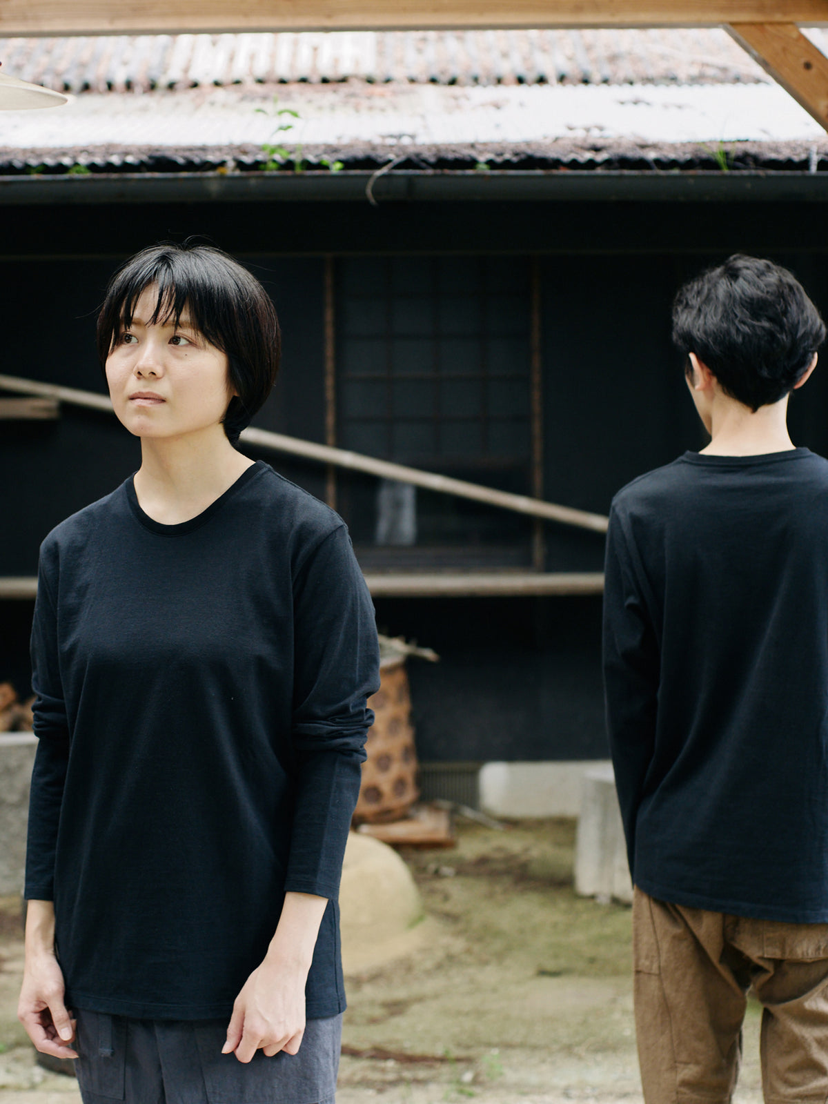 Organic handloomコットンTシャツ 長袖 黒