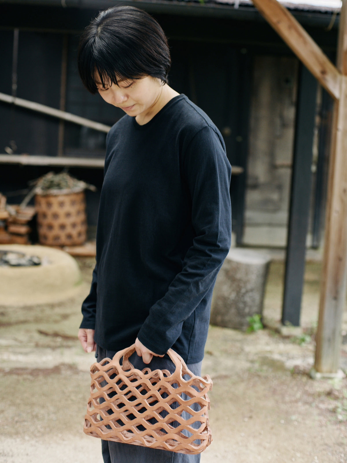 Organic handloomコットンTシャツ 長袖 黒