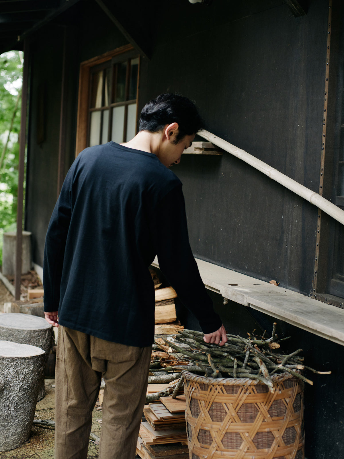 Organic handloomコットンTシャツ 長袖 黒