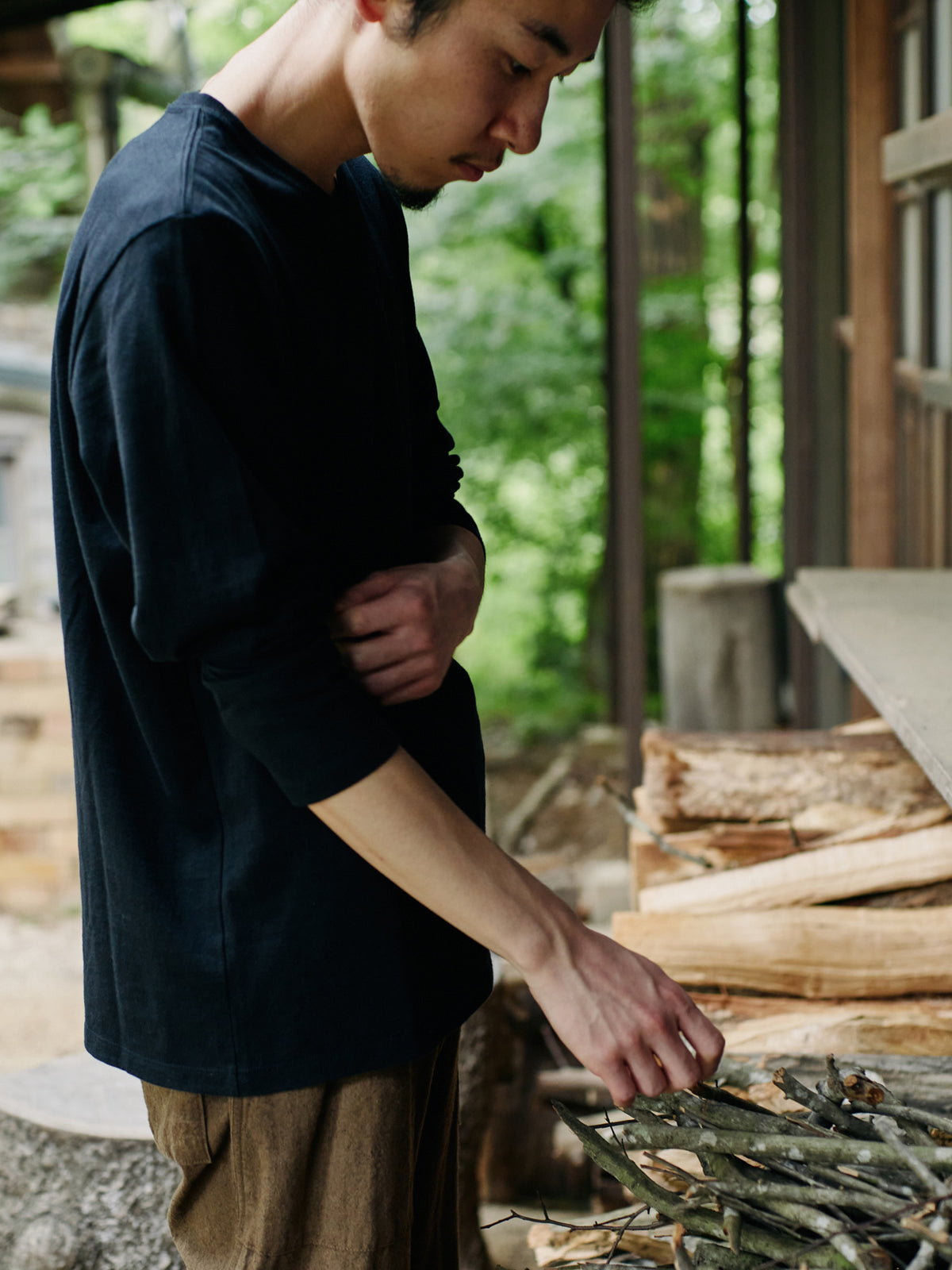 Organic handloomコットンTシャツ 長袖 黒