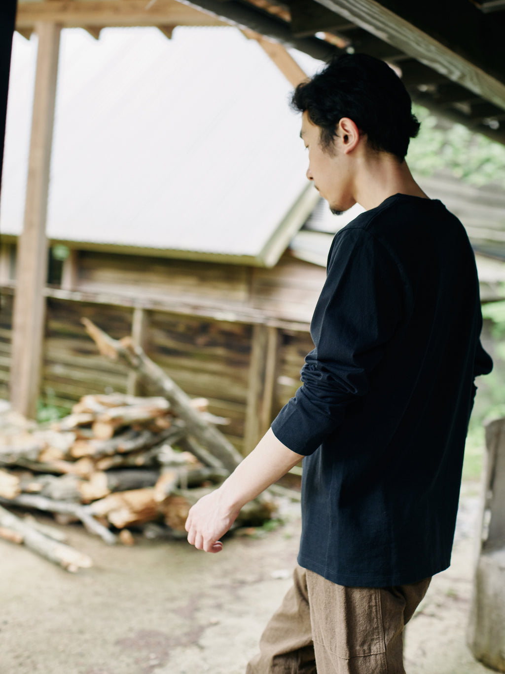 Organic handloomコットンTシャツ 長袖 黒
