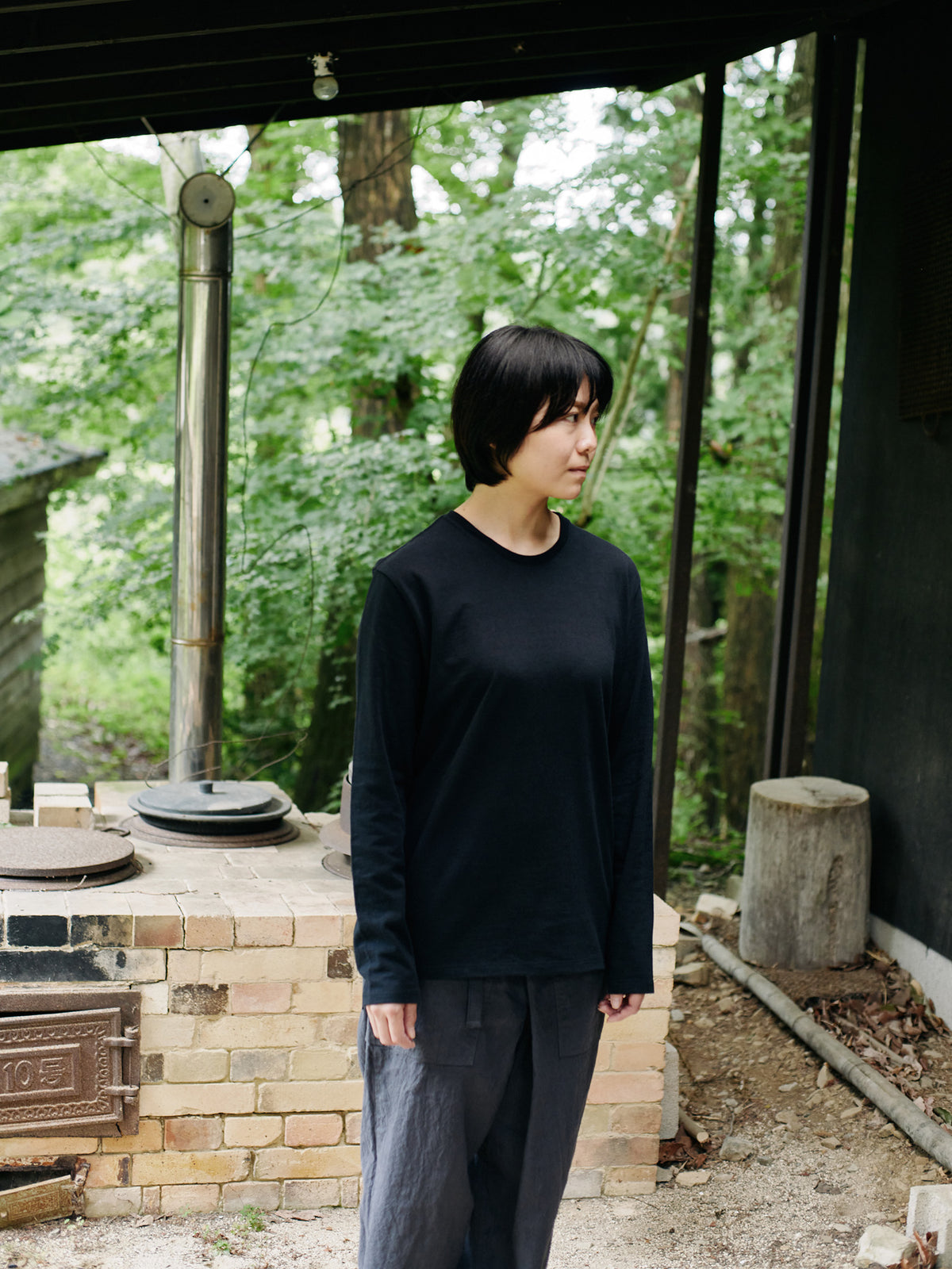 Organic handloomコットンTシャツ 長袖 黒
