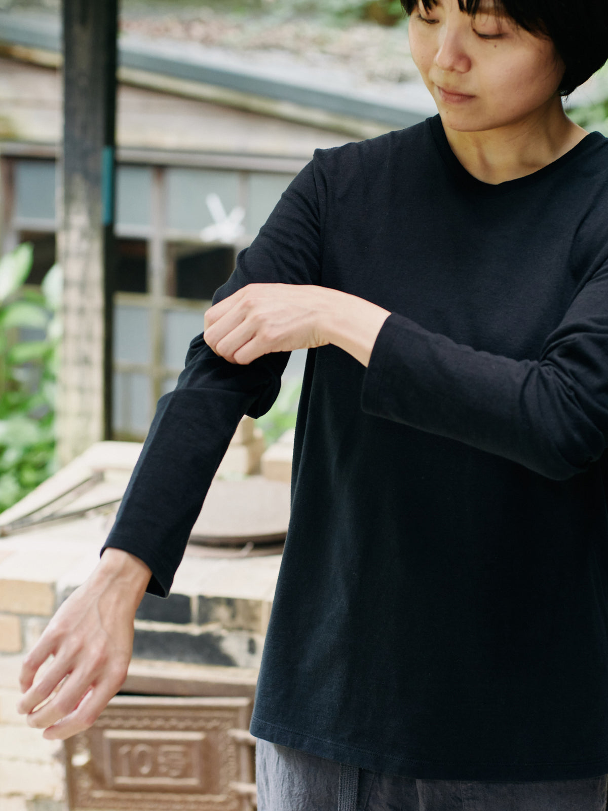 Organic handloomコットンTシャツ 長袖 黒
