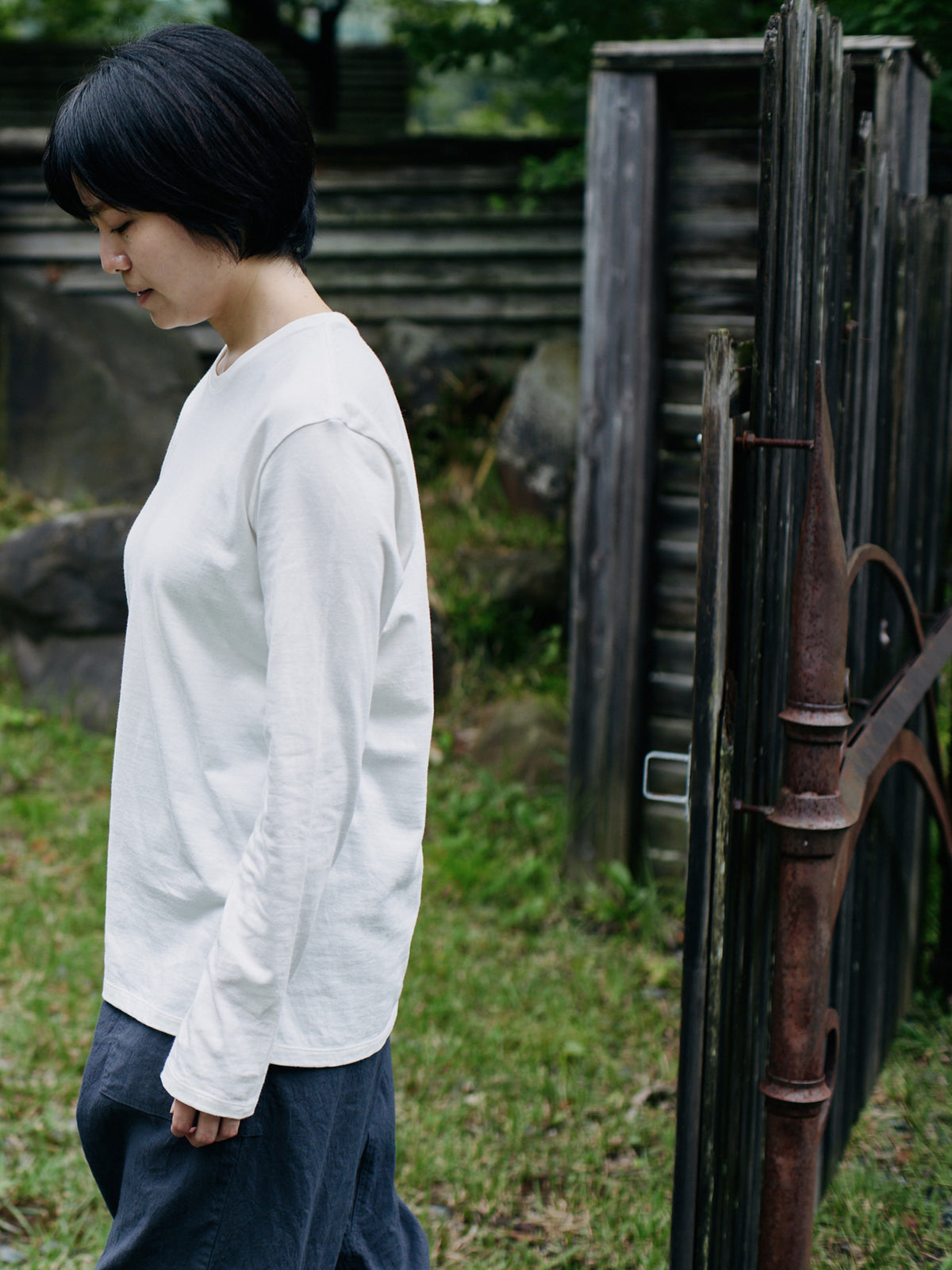 Organic handloomコットンTシャツ 長袖 白