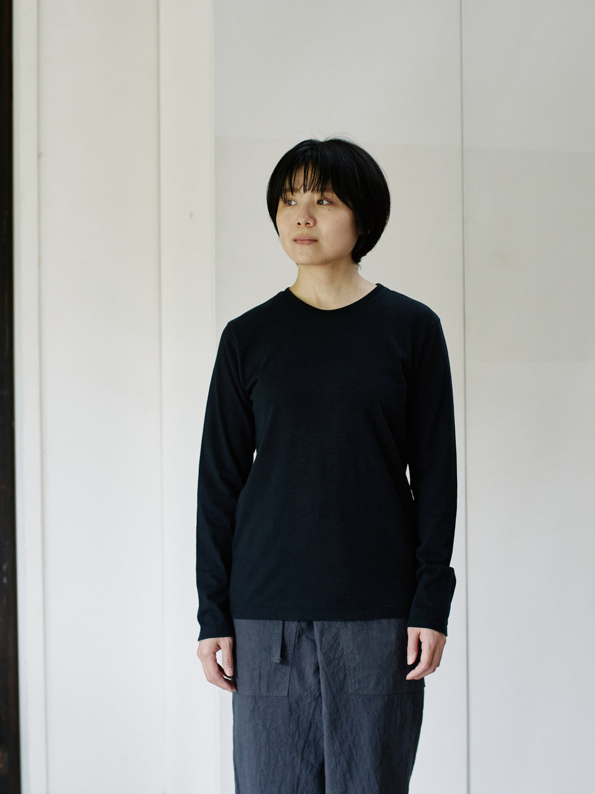 Organic handloomコットンTシャツ 長袖 黒